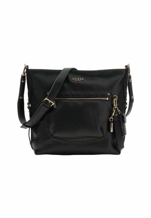 Sac d'épaule en cuir noir texturé avec une longue sangle, doté d'une poche zippée à l'avant et d'accents métalliques dorés.