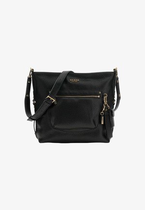 Sac d'épaule en cuir noir texturé avec une longue sangle, doté d'une poche zippée à l'avant et d'accents métalliques dorés.