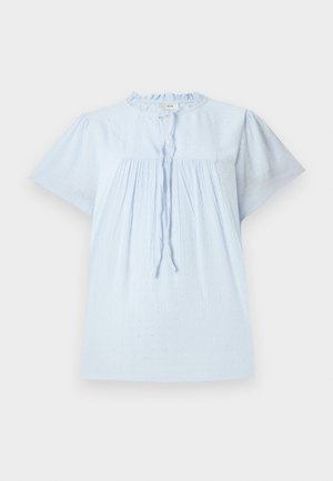 Lyseblå kortermet bluse med teksturert stoff, rund hals, og plissering. Har snøring foran og subtile detaljer.