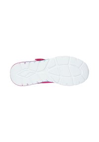 Suela de zapato deportivo colorida con una base de goma blanca texturizada, con detalles en rosa y azul y una suela con patrón para mayor agarre.