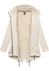 Manteau long beige avec une couche extérieure texturée et une doublure intérieure douce. Dispose d'une capuche, de cordons réglables et de poches latérales.