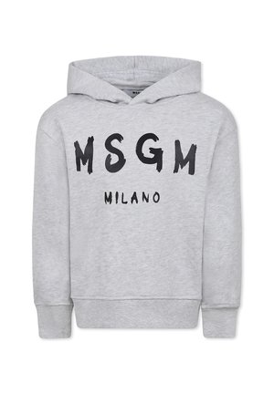 Felpa grigia in cotone con tasca a marsupio e polsini a costine. Testo stampato in nero "MSGM MILANO" sulla parte anteriore in stili vari.