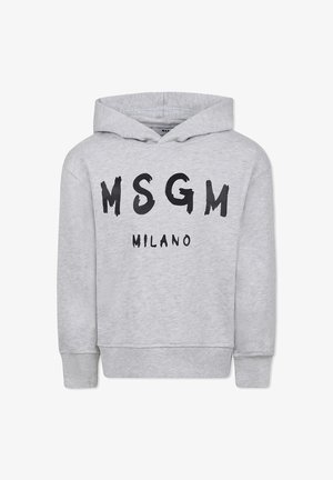 Felpa grigia in cotone con tasca a marsupio e polsini a costine. Testo stampato in nero "MSGM MILANO" sulla parte anteriore in stili vari.
