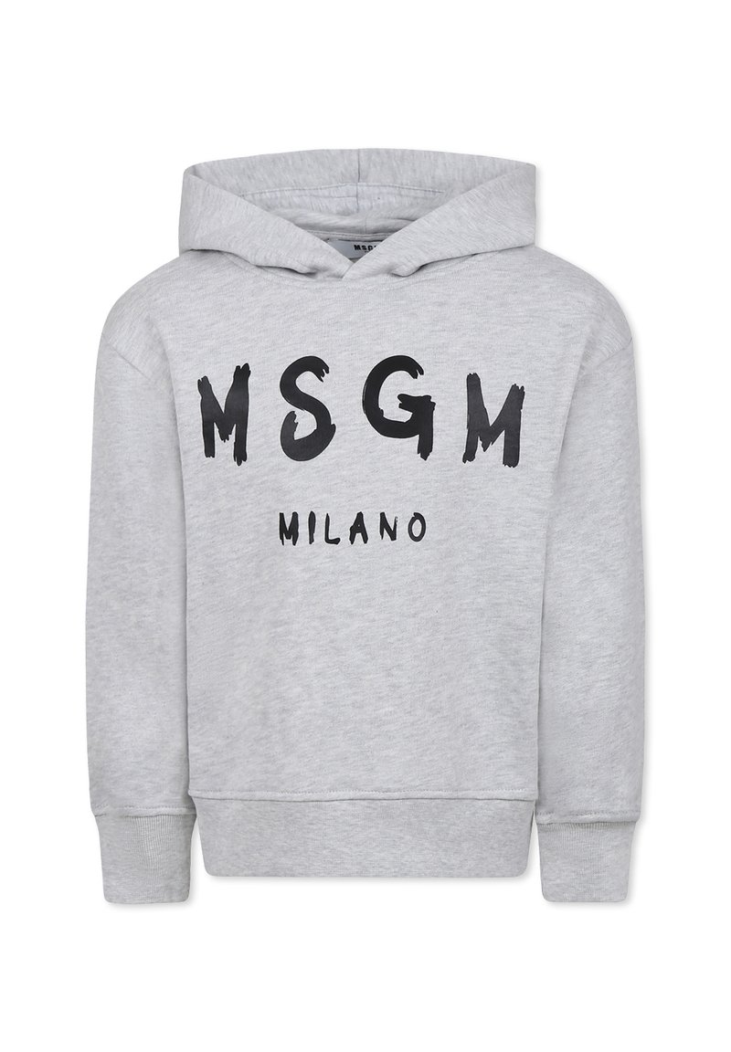 Felpa grigia in cotone con tasca a marsupio e polsini a costine. Testo stampato in nero "MSGM MILANO" sulla parte anteriore in stili vari.