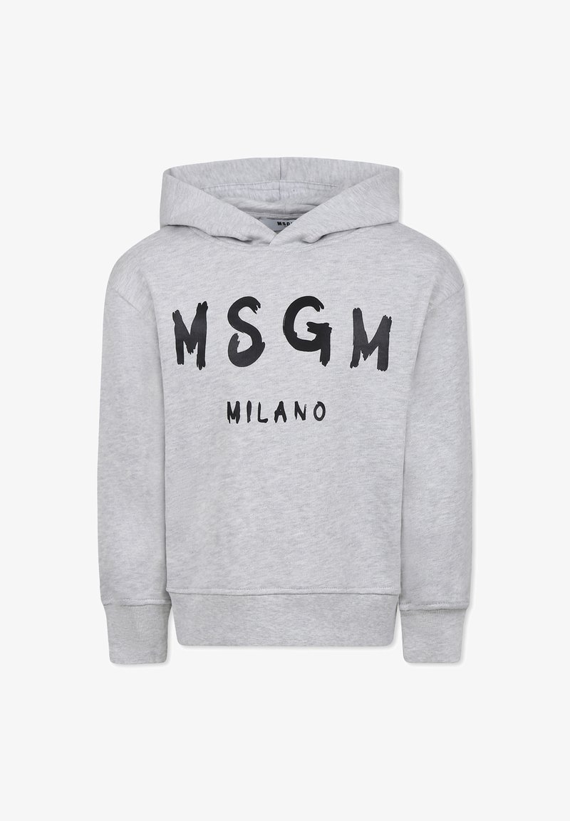 Felpa grigia in cotone con tasca a marsupio e polsini a costine. Testo stampato in nero "MSGM MILANO" sulla parte anteriore in stili vari.