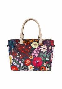 Handtasche mit beigen Griffen, die ein buntes Blumenmuster auf einem dunklen Hintergrund zeigt, darunter rote, pinke, weiße und gelbe Blumen.