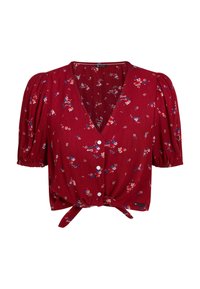 Röd blommig croptop med puffärmar, V-ringning, framknäppning och knut i nederkant. Tillverkad av lättviktig tyg med en strukturerad yta.