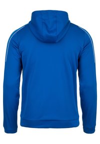 Felpa con cappuccio blu a maniche lunghe, con dettagli bianchi sulle spalle, tessuto morbido e tasca a marsupio. Vista posteriore mostrata.