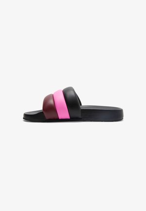 Slide sandal featuring three thick straps in black, maroon, and pink, with a flat black outsole. Smooth texture, minimalist design.