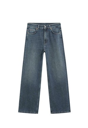 Modré džíny s širokými nohavicemi a lehce vybledlým vzhledem, přední kapsy, zapínání na knoflíky a šití jako zdobení.