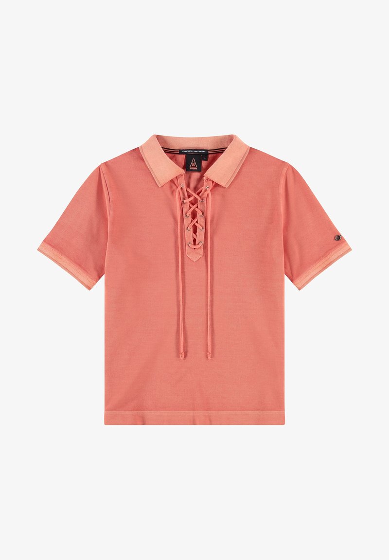 Polo corail à manches courtes avec un laçage à l'avant, un col contrastant et une légère brillance, fabriqué dans un tissu doux et texturé.