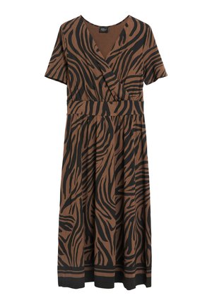Robe midi rayée zèbre marron et noire, manches courtes, col en V croisé et taille définie.