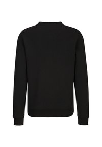 Schwarzer Pullover aus weichem Stoff mit Rundhalsausschnitt, langen Ärmeln und gerippten Bündchen und Saum. Keine sichtbaren Logos oder Muster.