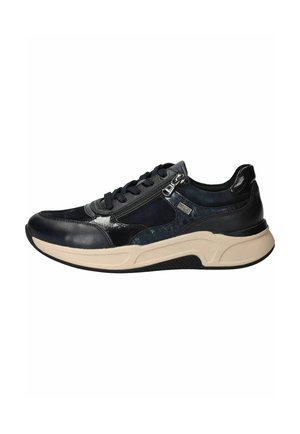 Black sneaker with lace-up and side zipper, textured panels, and thick beige sole on a white background.