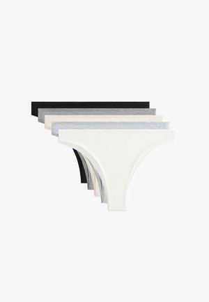 Zestaw bawełnianych stringów dostępny w czterech kolorach: czarnym, szarym, jasnoszarym i białym. Posiada gładki, elastyczny materiał oraz niski krój.