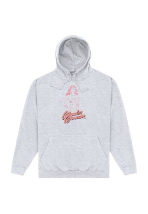 Szara bluza z kapturem wykonana z miękkiego materiału, z przednią kieszenią, trokami w kapturze oraz różową grafiką przedstawiającą kobietę z napisem "Wonder Woman".