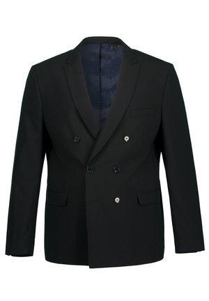 Schwarzer, doppelt gearbeiteter Blazer mit Spitzrevers, zwei Fronttaschen, drei Knöpfen und einem blau gemusterten Innenfutter.