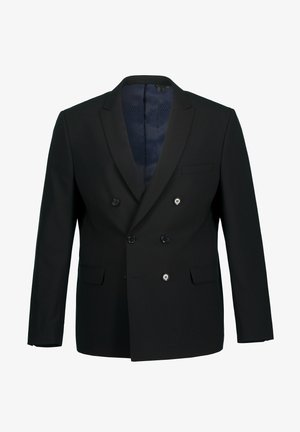 Blazer noir à double boutonnage avec revers en pointe, deux poches avant, trois boutons et une doublure intérieure à motif bleu.