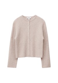 Helles beiges, kurz geschnittenes Cardigan aus weichem Strickmaterial. Verfügt über einen runden Ausschnitt, lange Ärmel und sechs Knöpfe auf der Vorderseite.