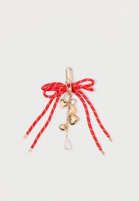 Red ribbon bow pendant with gold accents, featuring heart charms and a pearl drop, designed with a chain for attachment.