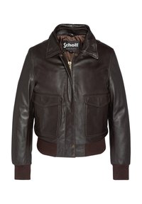 Braune Lederjacke mit Kragen, Reißverschluss, zwei Fronttaschen, gerippten Bündchen und einem cropped Design. Akzentuiert mit goldener Hardware.