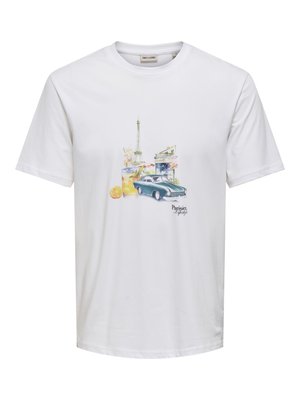Wit T-shirt met print van de Eiffeltoren, oldtimer, oranje drankje met bloem en de tekst "Parisien Lifestyle" middenvoor.
