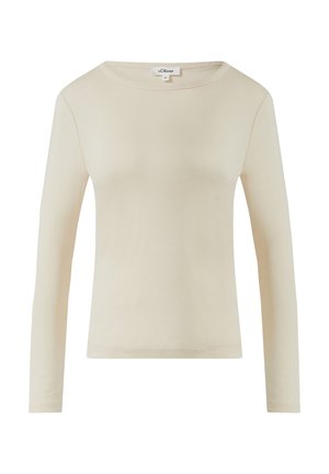 Haut beige à manches longues avec un col rond. Tissu lisse au design ajusté, présentant des coutures minimales et sans motifs ni embellissements.