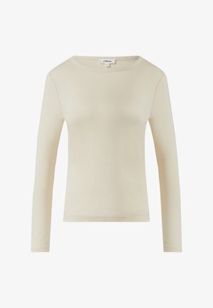 Beige Langarmoberteil mit rundem Ausschnitt. Glattes Material mit taillierter Passform, mit minimalen Nähten und ohne Muster oder Verzierungen.