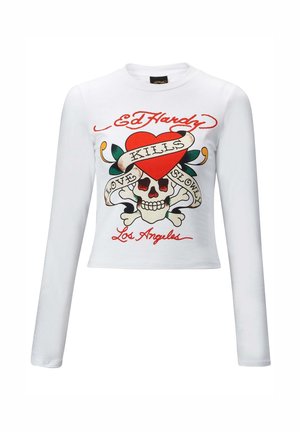 Maglietta a maniche lunghe bianca con grafica di teschio, cuore rosso, foglie verdi e testo "Ed Hardy," "LOVE KILLS SLOWLY," e "Los Angeles."