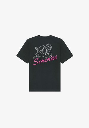 T-shirt en coton noir avec un dessin en ligne blanche de deux anges, accompagné d'un texte rose indiquant "Sororité" en dessous du design.