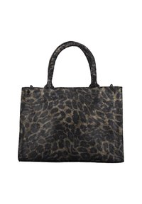 Sort og guld leopardmønstret totebag med to rundede håndtag, rektangulær form, glat tekstur og ingen synlige metaldele eller accenter.