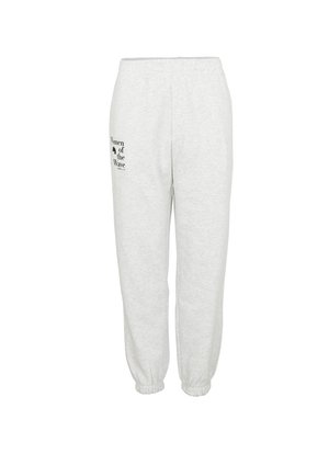 Graue Baumwoll-Jogginghosen mit einem elastischen Bund, schmal zulaufenden Bündchen und schwarzem Text mit der Aufschrift "Women of the Wave" am linken Bein.