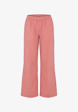 Red and white vertical striped wide-leg pants with an elastic waistband and cuffed hems.