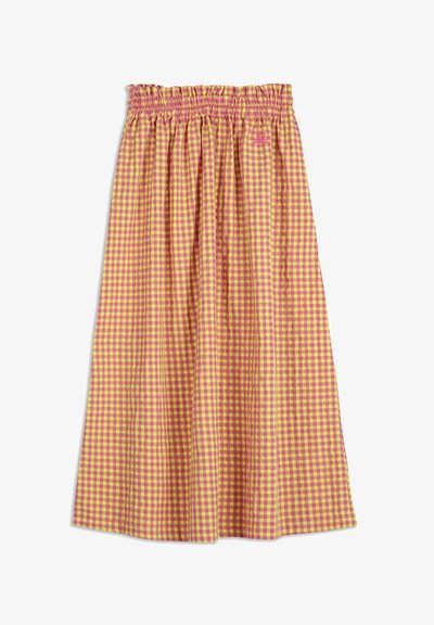 Karo-Rock mit rosa und gelb kariertem Muster, ausgestattet mit einem elastischen Bund und einem fließenden, gerafften Design. Baumwollstoff.
