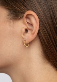 Goldene Creolen mit einem geschwungenen Design, die mehrere kleine rosa Edelsteine entlang einer Kante aufweisen. Glatte Oberfläche, minimalistischer Stil.