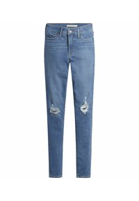 Skinny jeans in light blue denim, featuring two knee rips, classic five-pocket design, and a standard waistband with a metal button closure.