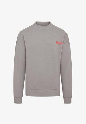 Gray sweatshirt with a high neck, ribbed cuffs, and bottom hem. Features red embroidered text on the left chest area. Smooth texture.