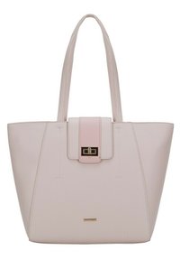 Ljusrosa tote-väska med texturerad yta, rektangulär form, två robusta handtag, magnetisk flikstängning och en liten guldfärgad logotyp längst ner.