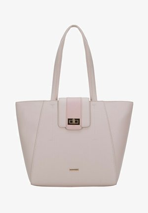 Lysestøvet pink tote bag med struktureret overflade, rektangulært design, to solide håndtag, magnetlukning og et lille guld logo nederst.