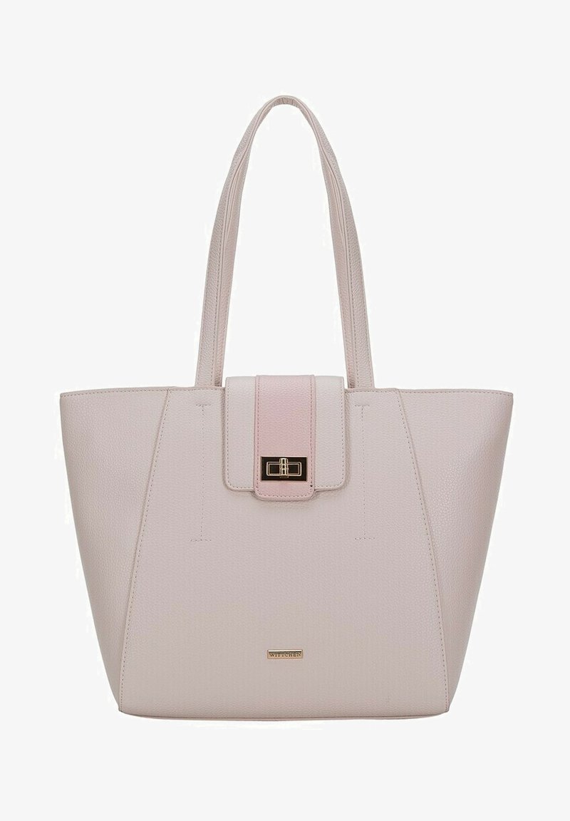 Jasnoróżowa torba tote o fakturowanej powierzchni, prostokątnym kształcie, z dwoma mocnymi uchwytami, zapięciem na magnes oraz małym złotym logo na dole.