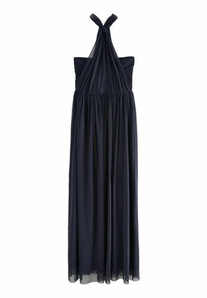 Abito halter blu navy con corpino arricciato, gonna fluida e spalline annodate. Realizzato in tessuto leggero e testurizzato.