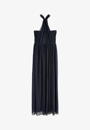 Abito halter blu navy con corpino arricciato, gonna fluida e spalline annodate. Realizzato in tessuto leggero e testurizzato.