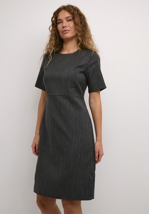 Dark gray short-sleeve dress with vertical stripes, fitted bodice, and a smooth, textured fabric. Above the knee length.