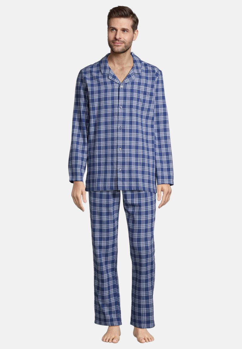 Set di pigiama a scacchi blu con maniche lunghe e chiusura a bottone. Realizzato in tessuto morbido; i pantaloni sono a gamba dritta e presentano una vita elastica.