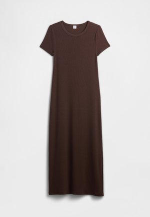 Brown cotton maxi dress with short sleeves, round neckline, and a smooth texture. The design is simple and straight-cut, providing a relaxed fit.