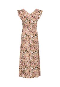 Blomstrede maxikjole med korte flæseærmer, V-udskæring og en pastel farvepalet af pink, beige og grøn, med forskellige blomstermønstre.