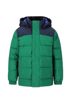Veste rembourrée avec un corps vert, des épaules marines et une doublure bleue. Elle comprend une capuche, une fermeture éclair frontale et deux poches latérales.