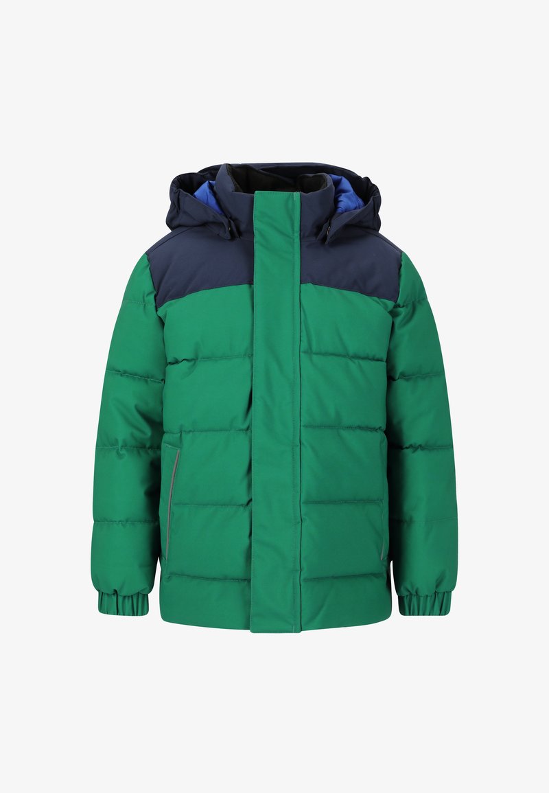 Gevoerde jas met een groene body, marineblauwe schouders en een blauwe voering. Inclusief een capuchon, een rits aan de voorkant en twee zijzakken.