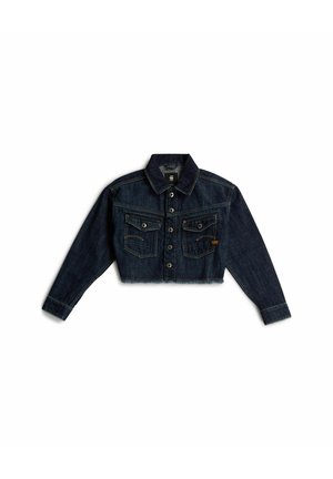 Donkerblauwe cropped spijkerjas met lange mouwen, knoopsluiting voor en twee knoopsluitbare borstzakken op een witte achtergrond.