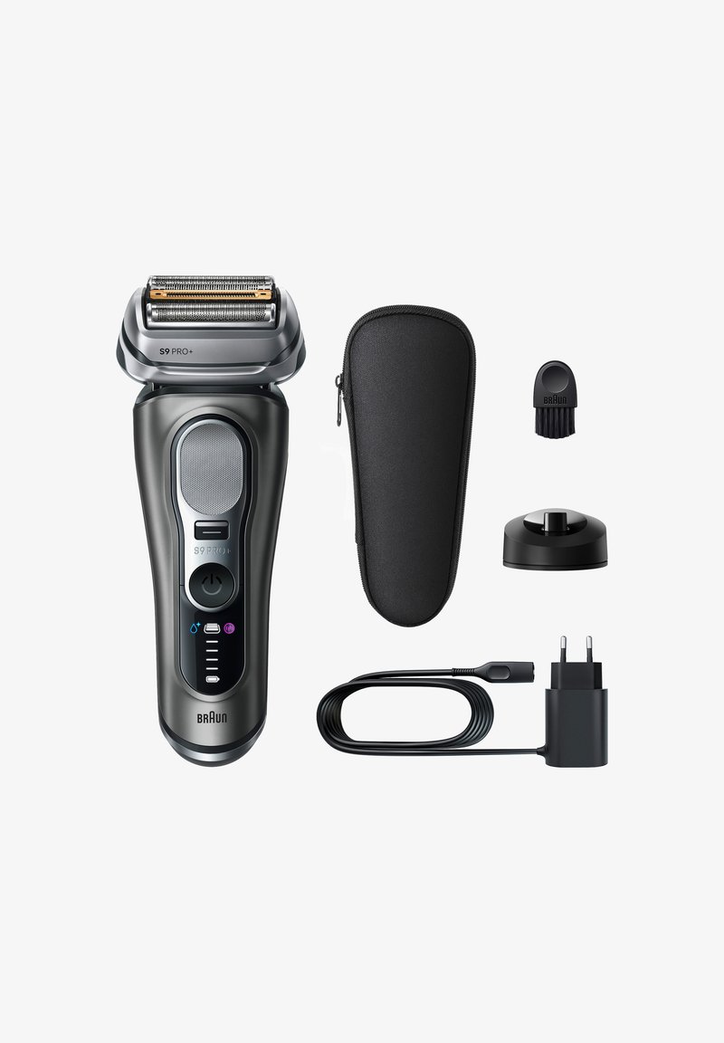 Braun S9 Pro+ Elektrorasierer in Schwarz mit silbernen Akzenten. Enthalten sind ein Reiseetui, eine Reinigungsbürste, ein Ladegerät und eine Dockingstation.
